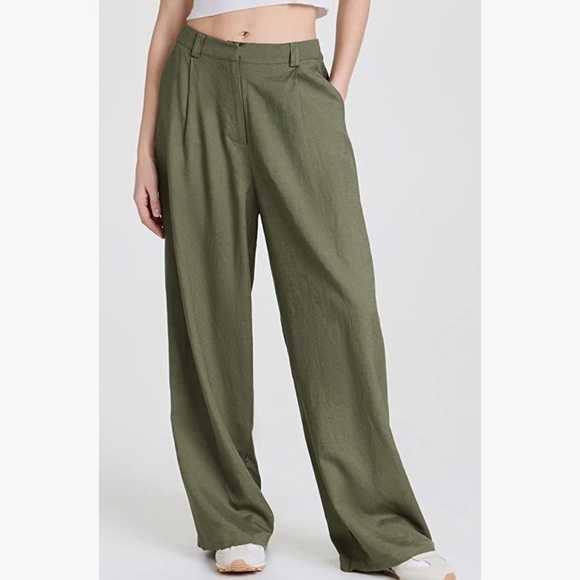 Lioness Pants - Lioness Women's Olive Green La Ouinta Wide Straight Leg Mid Rise Pants M